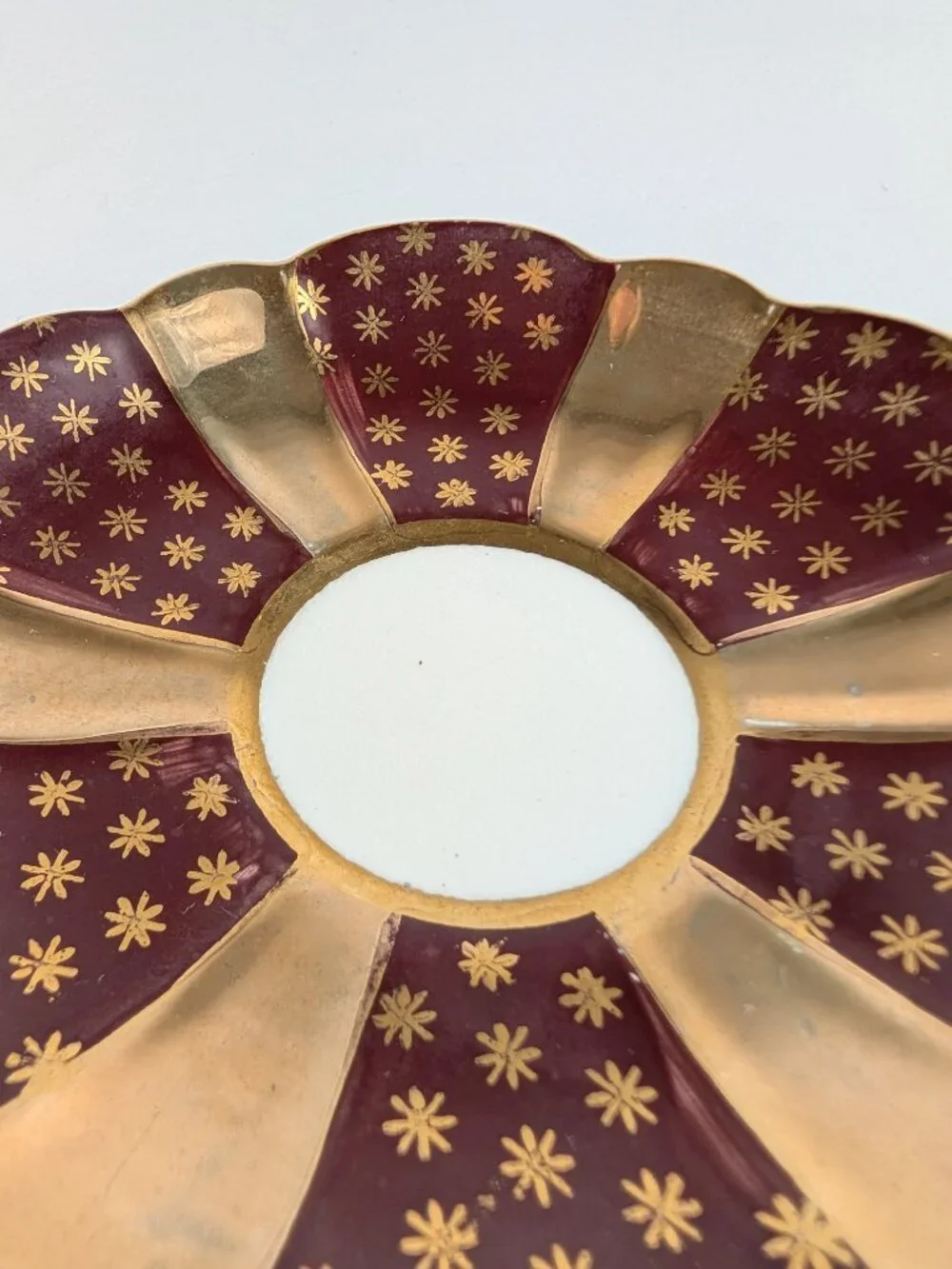 Vintage Burgundy and Gold Scalloped Bone China Saucer Made in England